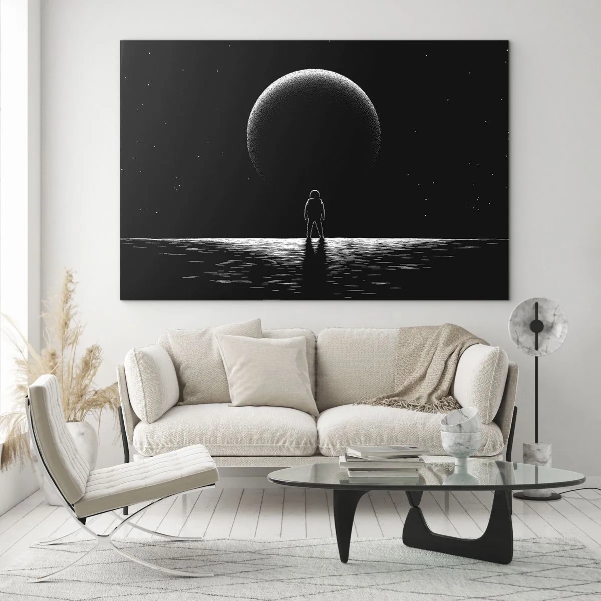 Glasbild - Bild auf glas - Astronaut steht vor einem Planeten in Schwarzweiß - 70x50cm - Angesicht zu Angesicht - Moderne Wanddekoration für Wohnzimmer und Schlafzimmer ARTTOR