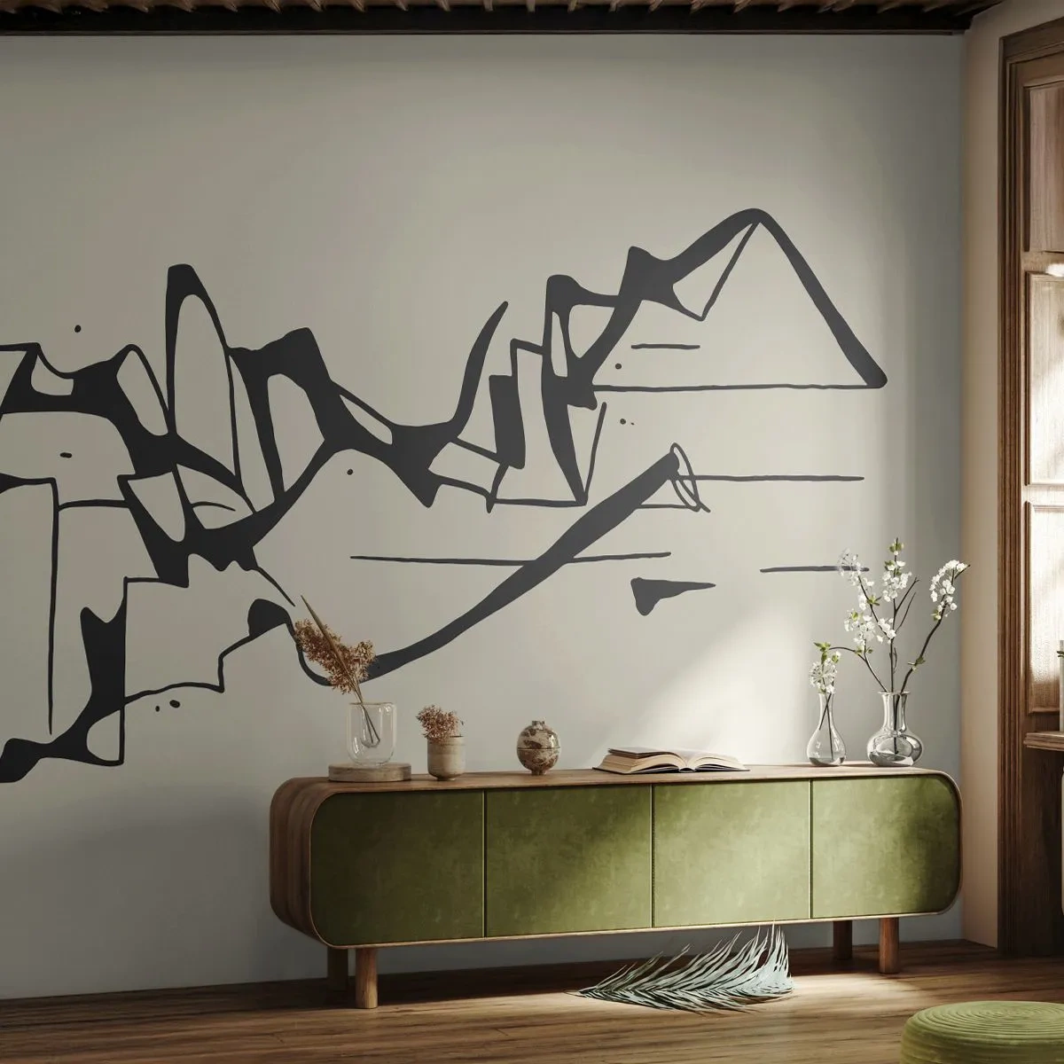 Fototapete Premium Sand - Eine abstrakte schwarze Linie, die einer Berglandschaft ähnelt - 100x70cm - Vielleicht eine Landschaft - Moderne Wanddekoration für Wohnzimmer und Schlafzimmer ARTTOR