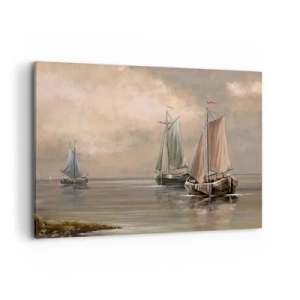 Bild auf Leinwand - Leinwandbild - Segelboote auf ruhigem Meer in pastellfarbener Umgebung - 100x70cm - Die Rückkehr der Matrosen - Moderne Wanddekoration für Wohnzimmer und Schlafzimmer ARTTOR