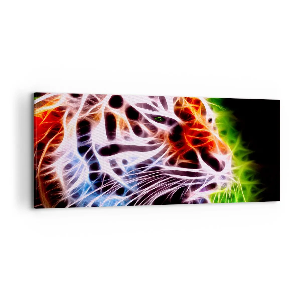 Bild auf Leinwand - Leinwandbild - Farbenfrohes künstlerisches Porträt eines Tigers im Neonstil auf schwarzem Hintergrund. - 120x50cm - Schreckliche Aura - Moderne Wanddekoration für Wohnzimmer und Schlafzimmer ARTTOR