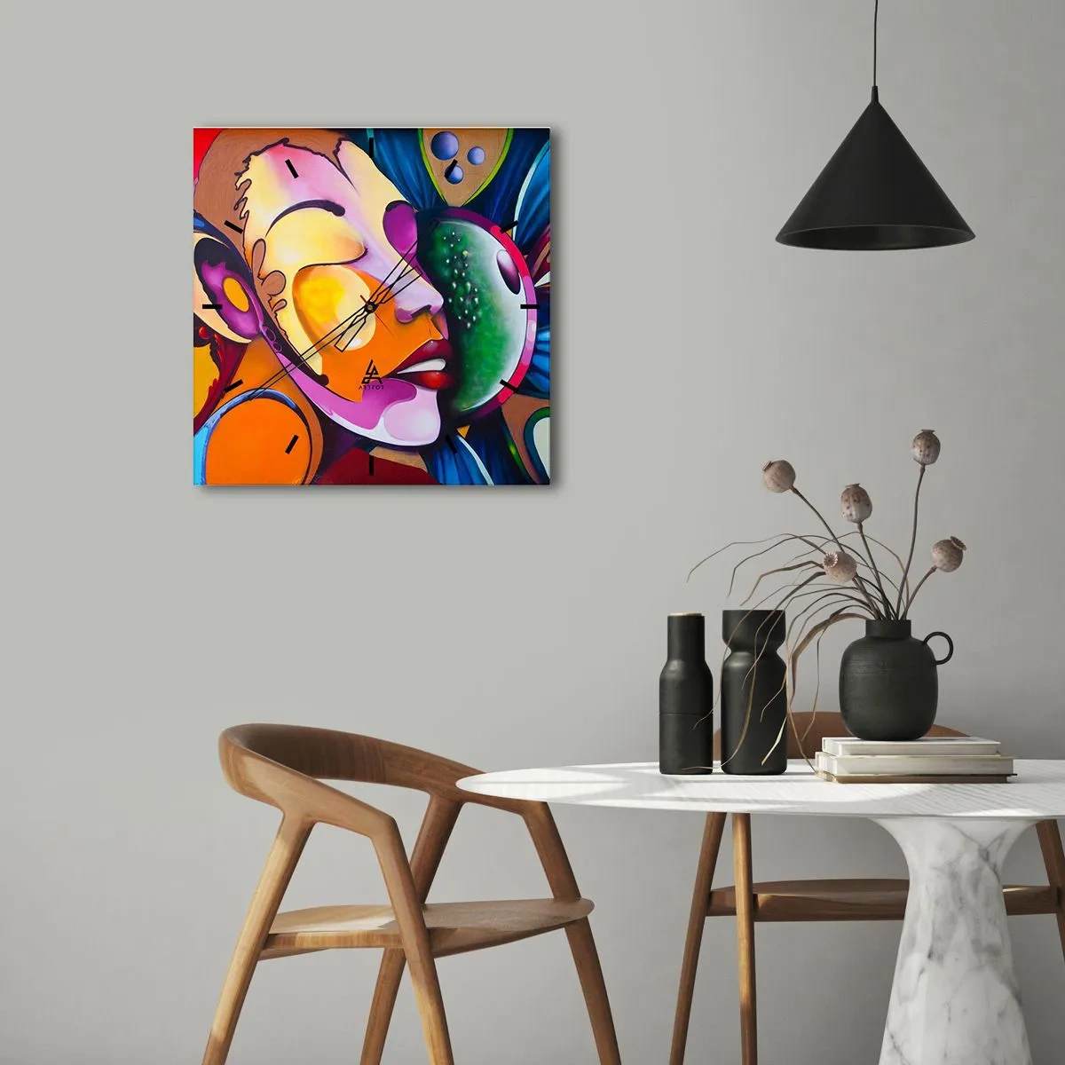 Wanduhr - Glasuhr - Eine farbenfrohe Abstraktion mit einem Gesichtsmotiv in einer dynamischen Komposition - 30x30cm - Mit Farbe berühren - Moderne Wanddekoration für Wohnzimmer und Schlafzimmer ARTTOR