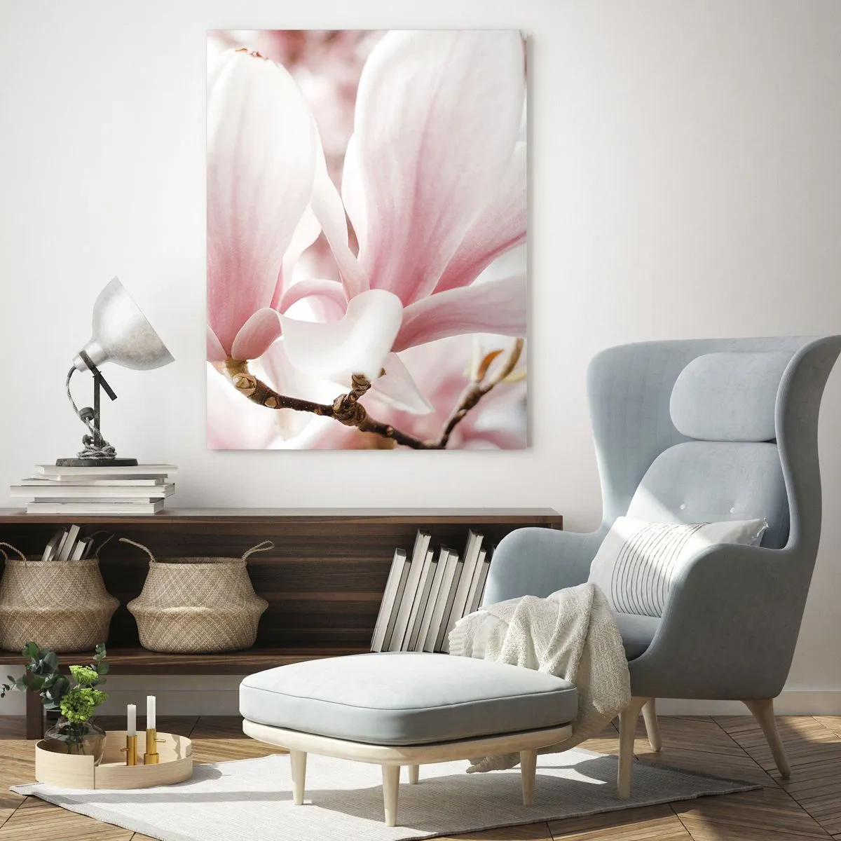 Glasbild - Bild auf glas - Zarte rosa Magnolien in Nahaufnahme vor unscharfem Hintergrund - 50x70cm - Eine Fülle von Zärtlichkeit - Moderne Wanddekoration für Wohnzimmer und Schlafzimmer ARTTOR