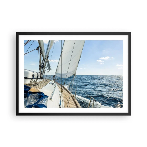 Poster in einem schwarzem Rahmen - Ein Segelboot auf ruhiger See unter blauem Himmel - 70x50cm - Ahoi, Abenteuer - Moderne Wanddekoration für Wohnzimmer und Schlafzimmer ARTTOR