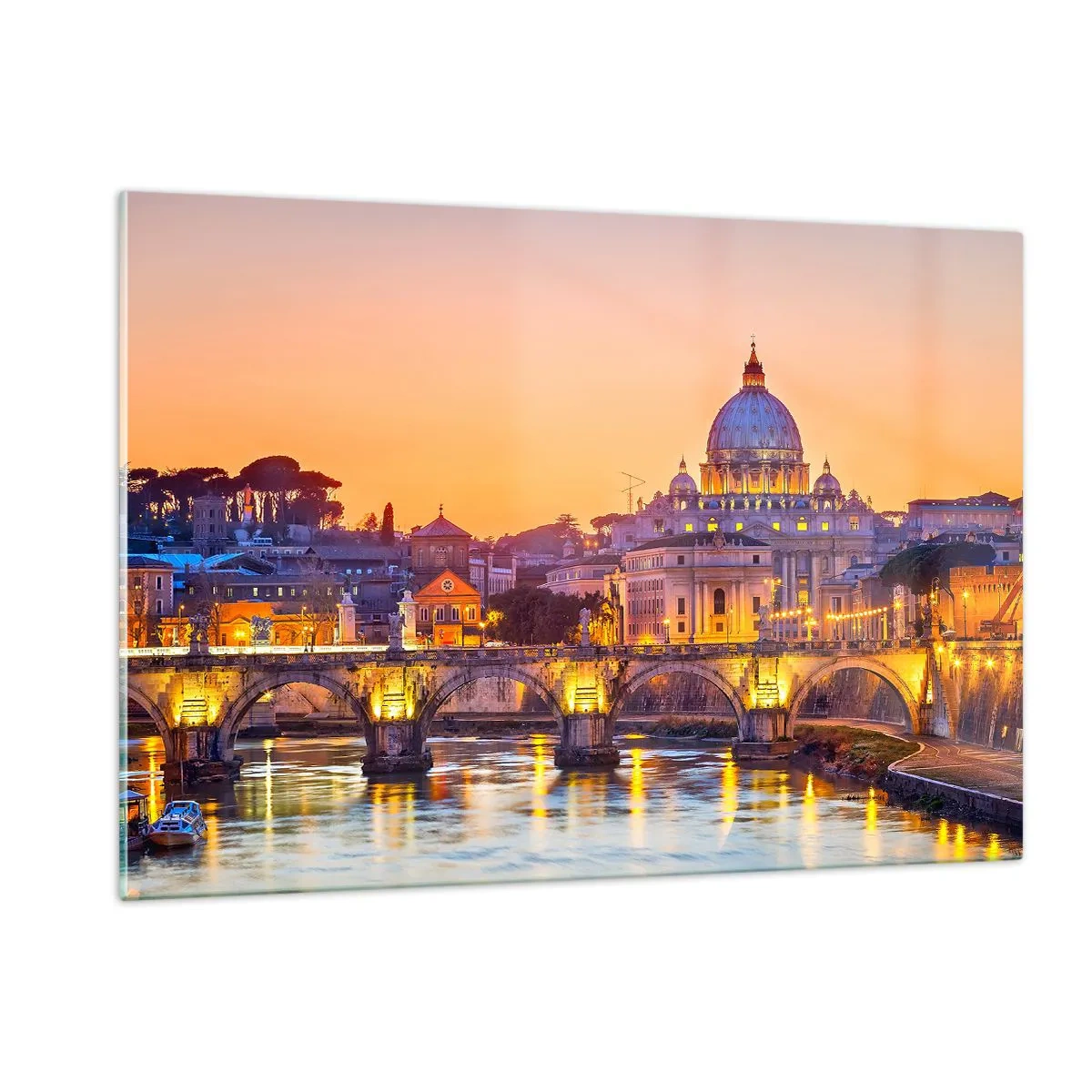 Glasbild - Bild auf glas - Brücke und Basilika in Rom bei Sonnenuntergang - 120x80cm - Sonnenuntergang über der ewigen Stadt - Moderne Wanddekoration für Wohnzimmer und Schlafzimmer ARTTOR