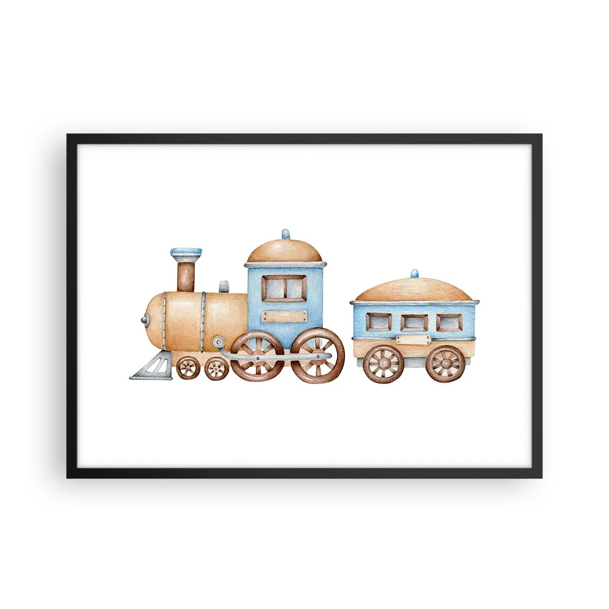Poster in einem schwarzem Rahmen - Zeichnung eines Zuges in Pastelltönen auf weißem Hintergrund - 70x50cm - Am Bahnhof steht ... - Moderne Wanddekoration für Wohnzimmer und Schlafzimmer ARTTOR