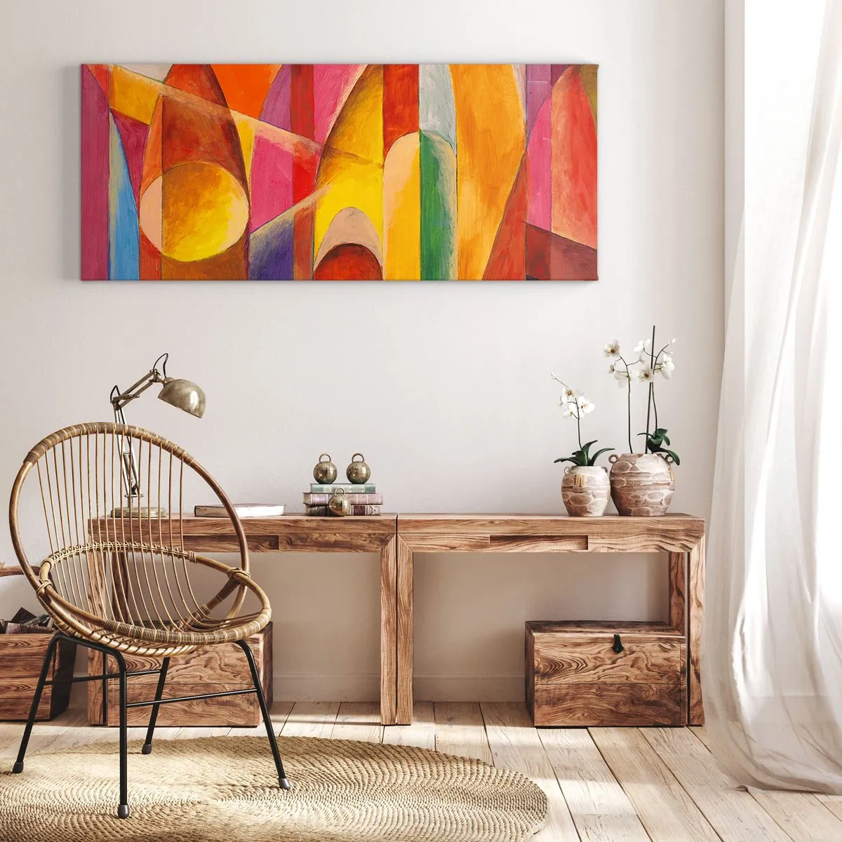 Bild auf Leinwand - Leinwandbild - Eine abstrakte Komposition voller farbenfroher geometrischer Formen. - 160x50cm - Kathedrale der Sonne - Moderne Wanddekoration für Wohnzimmer und Schlafzimmer ARTTOR