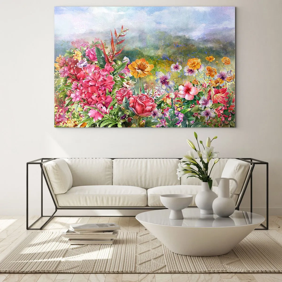 Glasbild - Bild auf glas - Ein Strauß bunter Blumen vor einer malerischen Landschaft - 70x50cm - Ein Garten, der verrückt geworden ist - Moderne Wanddekoration für Wohnzimmer und Schlafzimmer ARTTOR