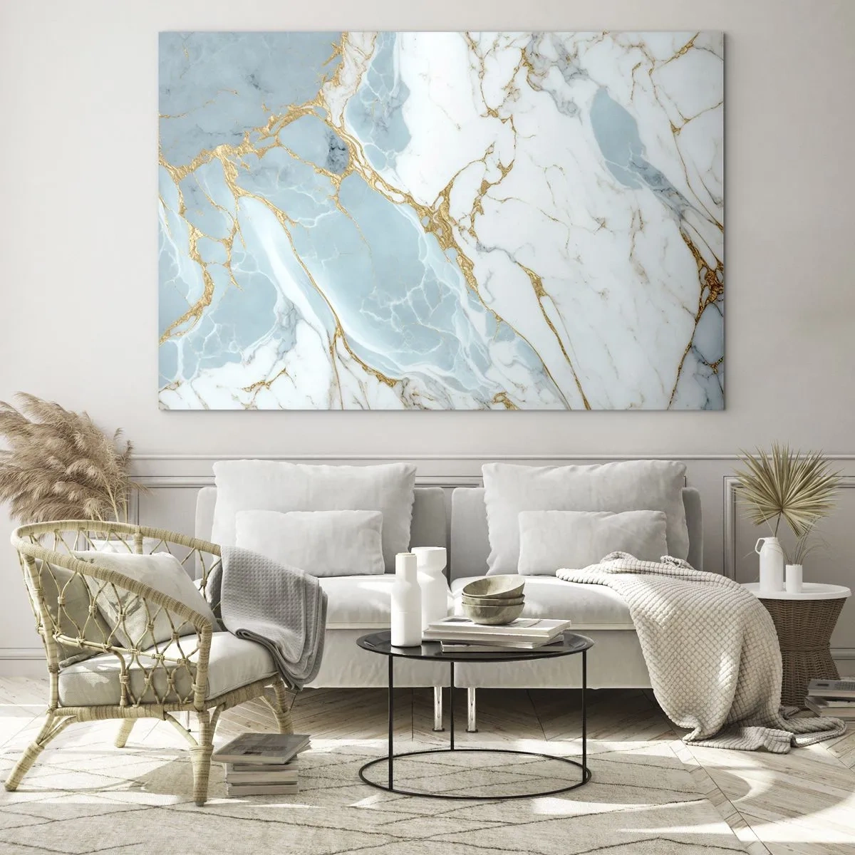 Glasbild - Bild auf glas - Abstrakter Marmor in Blau- und Goldtönen - 120x80cm - Reichtum des Steins - Moderne Wanddekoration für Wohnzimmer und Schlafzimmer ARTTOR