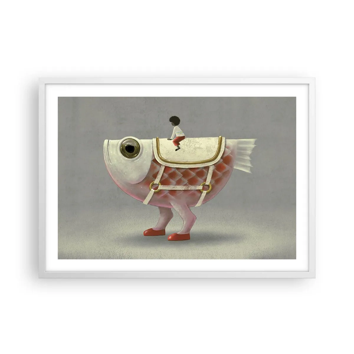Poster in einem weißen Rahmen - Reiter auf einem surrealen Fisch - 70x50 cm
