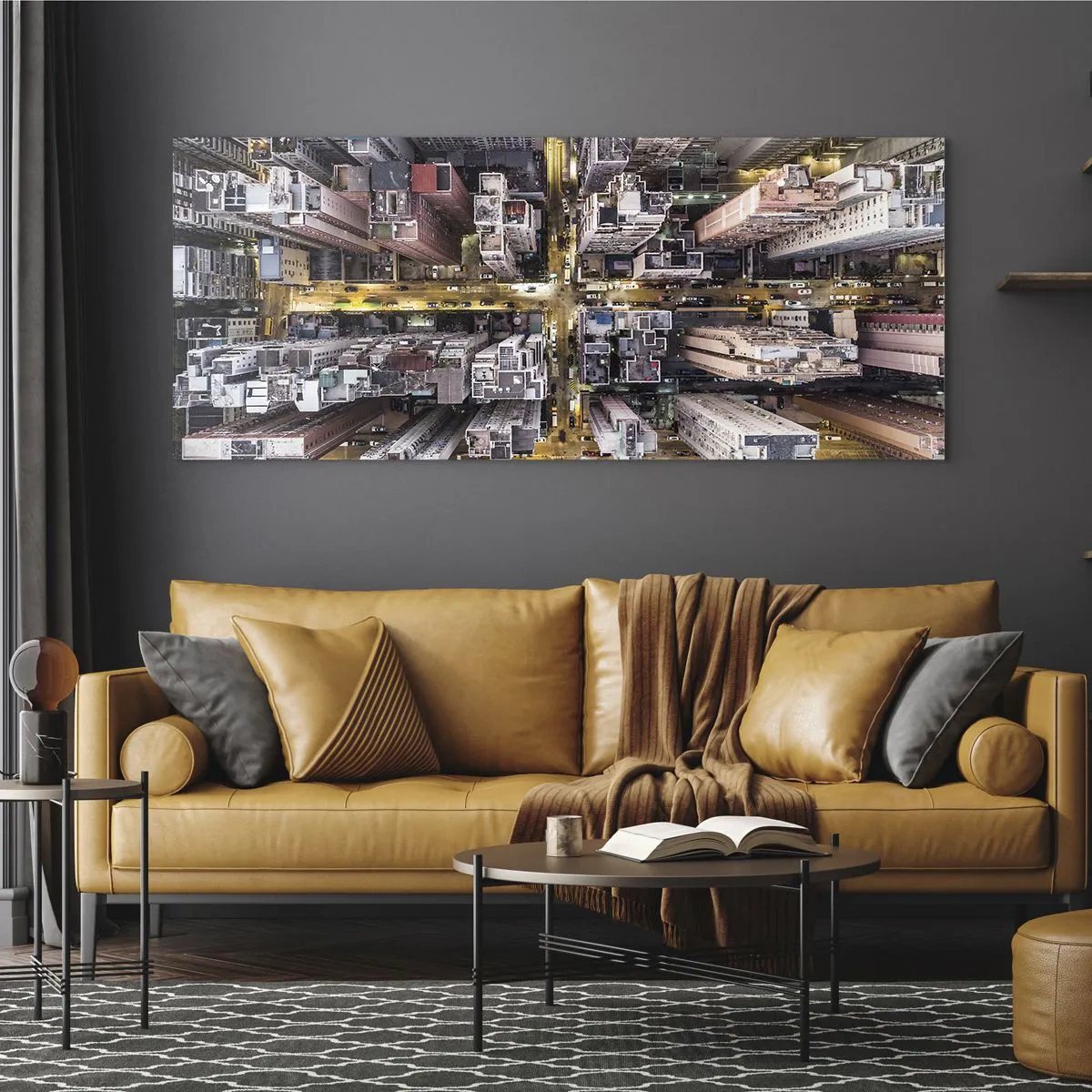 Glasbild - Bild auf glas - Eine Stadt voller Wolkenkratzer aus der Vogelperspektive - 120x50cm - Grüße aus Hongkong - Moderne Wanddekoration für Wohnzimmer und Schlafzimmer ARTTOR