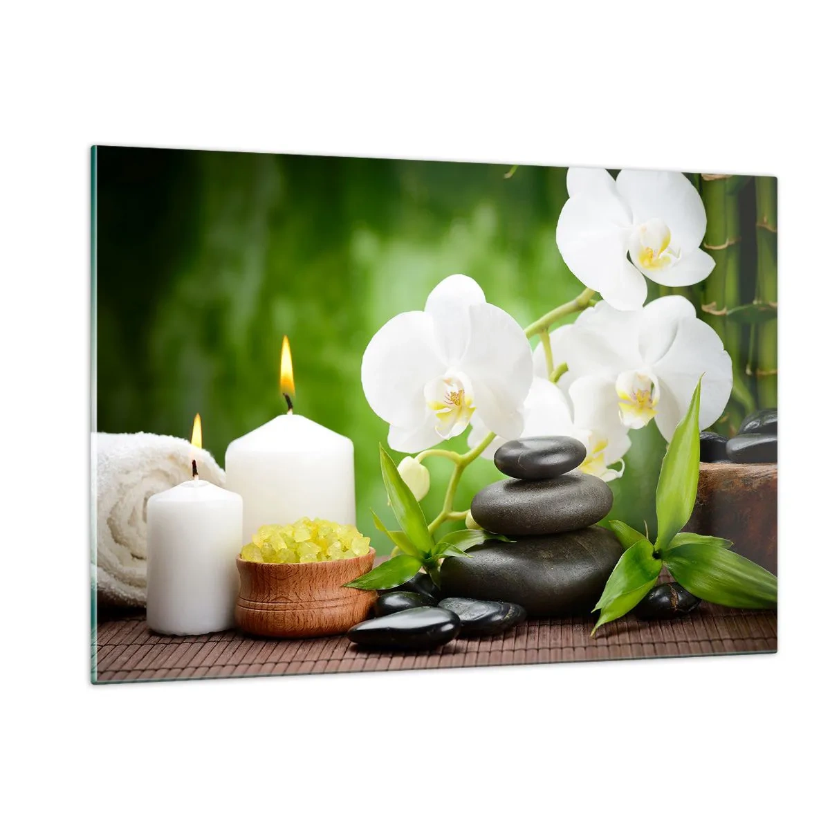 Glasbild - Bild auf glas - Spa mit Orchideen, Steinen und Kerzen vor grünem Hintergrund - 120x80cm - Duftige, blumige, zarte Berührung - Moderne Wanddekoration für Wohnzimmer und Schlafzimmer ARTTOR