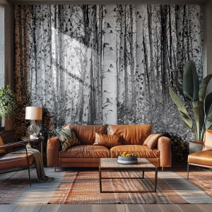 Fototapete Premium Sand - Schwarz-weißer Birkenwald im minimalistischen Stil - 100x70cm - Birkenkolonnade - Moderne Wanddekoration für Wohnzimmer und Schlafzimmer ARTTOR