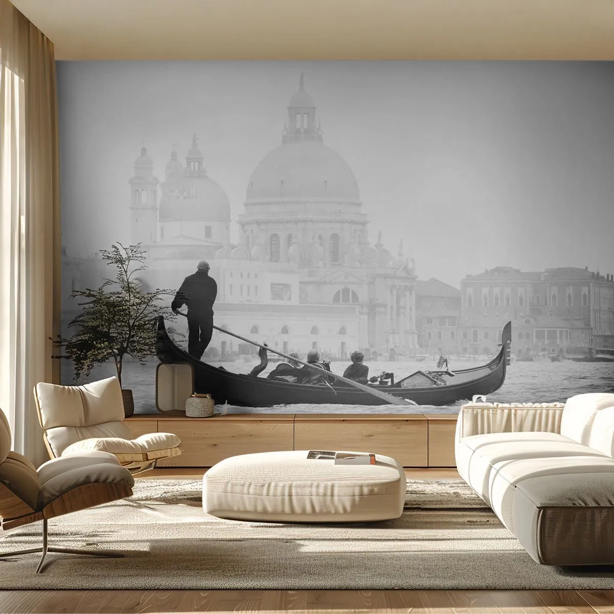 Fototapete Premium Sand - Eine Gondel auf den Gewässern von Venedig in Schwarz und Weiß - 100x70cm - Reise zu den Quellen der Schönheit - Moderne Wanddekoration für Wohnzimmer und Schlafzimmer ARTTOR