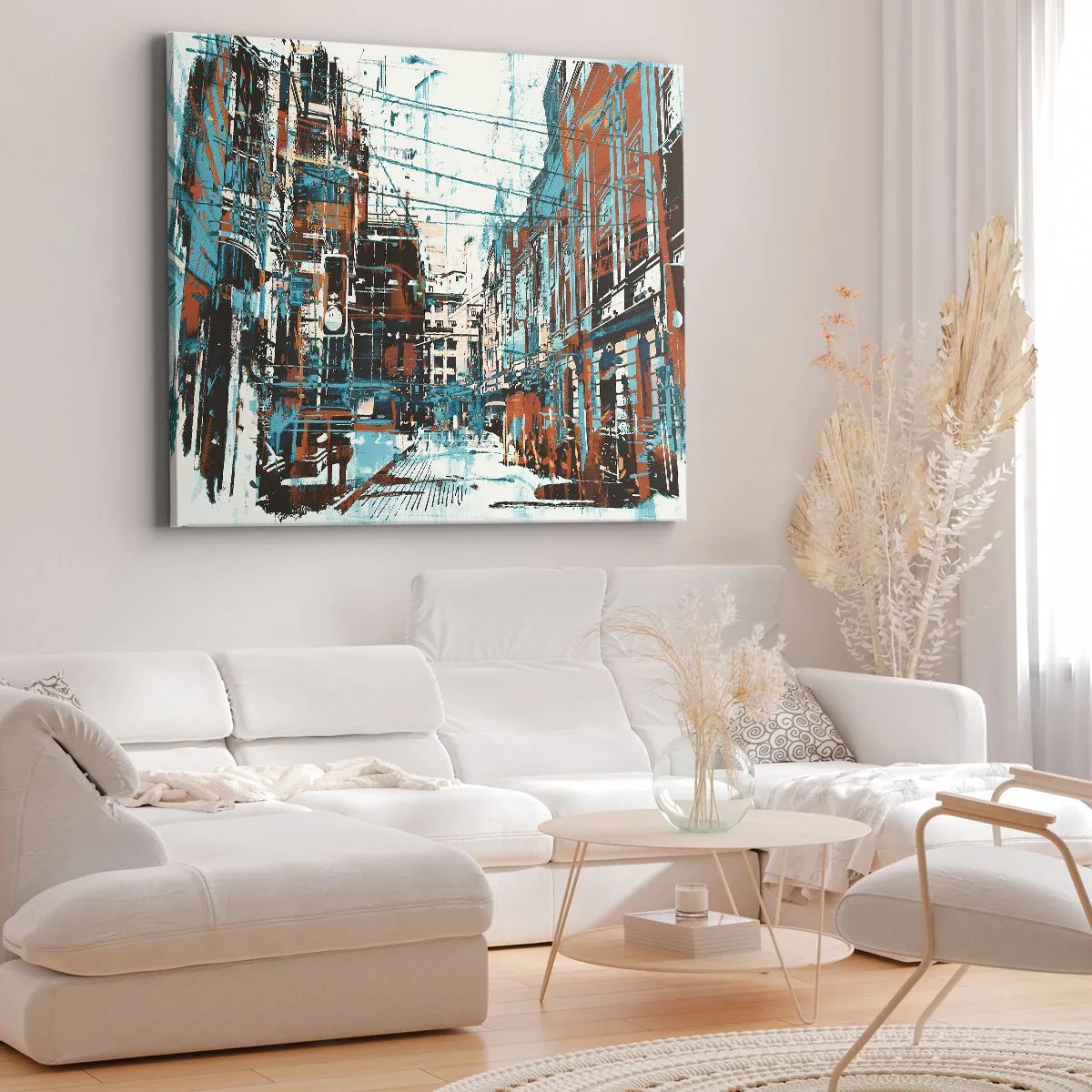 Bild auf Leinwand - Leinwandbild - Eine Stadtlandschaft in Blau- und Orangetönen - 70x50cm - Ein abgenutzter Stadtwanderweg - Moderne Wanddekoration für Wohnzimmer und Schlafzimmer ARTTOR