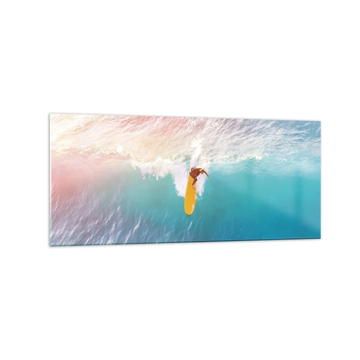 Glasbild - Bild auf glas - Surfer auf einer Welle in Pastellfarben - 120x50cm - Der Ozeanreiter - Moderne Wanddekoration für Wohnzimmer und Schlafzimmer ARTTOR