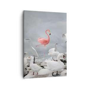 Bild auf Leinwand - Leinwandbild - Ein rosa Flamingo zwischen weißen Schwänen vor der Kulisse eines Sees - 50x70cm - Wie kam ich hier hin? - Moderne Wanddekoration für Wohnzimmer und Schlafzimmer ARTTOR