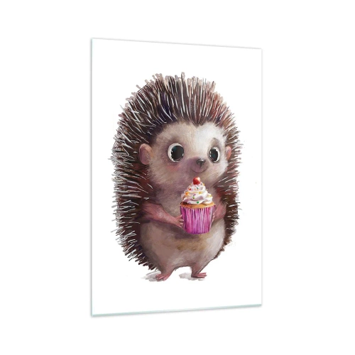 Glasbild - Bild auf glas - Ein süßer Igel mit einem Cupcake - 70x100cm - Der Feiertag ist jeden Tag - Moderne Wanddekoration für Wohnzimmer und Schlafzimmer ARTTOR