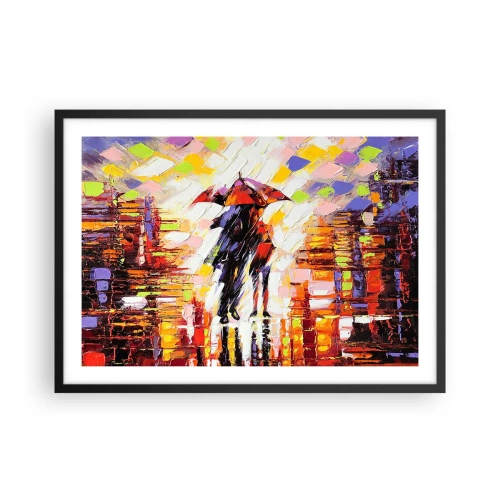 Poster in einem schwarzem Rahmen - Eine abstrakte Szene eines Spaziergangs unter einem Regenschirm in einer regnerischen Nacht. - 70x50cm - Gemeinsam durch die Nacht und den Regen - Moderne Wanddekoration für Wohnzimmer und Schlafzimmer ARTTOR