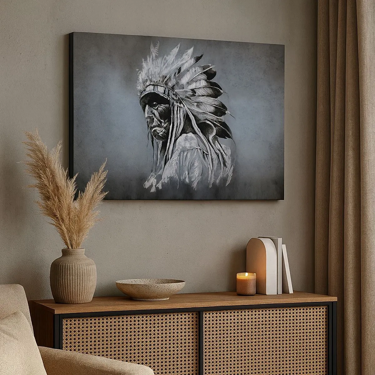 Bild auf Leinwand - Leinwandbild - Porträt eines Indianerhäuptlings mit traditioneller Kopfbedeckung - 70x50cm - Zurück zu den Wurzeln - Moderne Wanddekoration für Wohnzimmer und Schlafzimmer ARTTOR