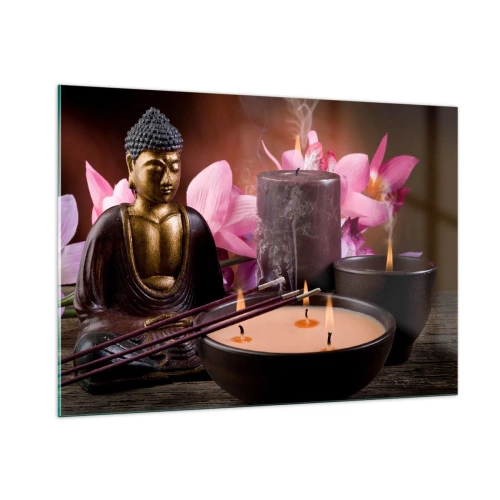 Glasbild - Bild auf glas - Entspannungskomposition mit Buddha, Kerzen und Blumen - 100x70cm - Den Geist frei machen, den Körper beruhigen - Moderne Wanddekoration für Wohnzimmer und Schlafzimmer ARTTOR