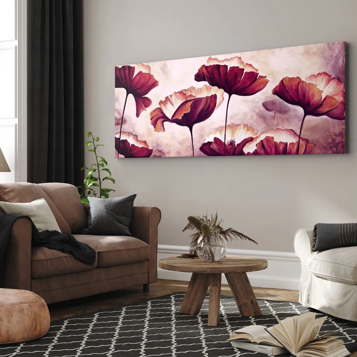 Bild auf Leinwand - Leinwandbild - Blumen in Rot- und Weißtönen auf dezentem Hintergrund - 140x50cm - Rotes und weißes Blütenblatt - Moderne Wanddekoration für Wohnzimmer und Schlafzimmer ARTTOR