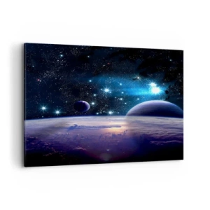 Bild auf Leinwand - Leinwandbild - Ein Blick in den Weltraum mit Planeten und Sternen - 100x70cm - Noch allein? - Moderne Wanddekoration für Wohnzimmer und Schlafzimmer ARTTOR