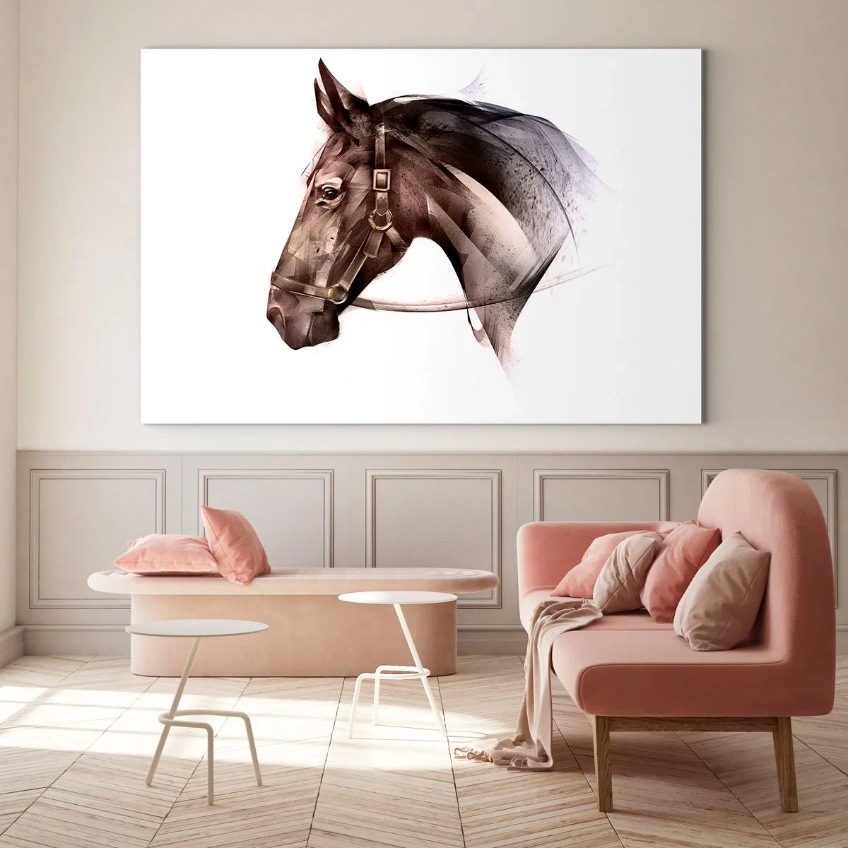 Glasbild - Bild auf glas - Künstlerisches Pferdeporträt auf weißem Hintergrund - 120x80cm - Was für eine Gnade - Moderne Wanddekoration für Wohnzimmer und Schlafzimmer ARTTOR