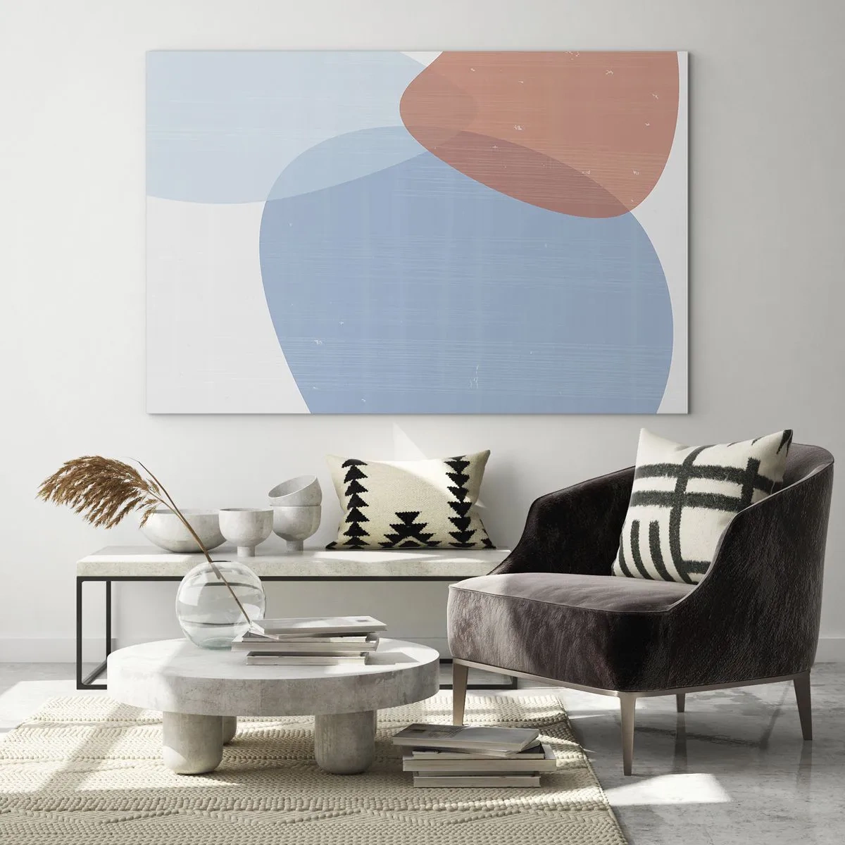 Glasbild - Bild auf glas - Moderne Abstraktion mit blauen und rosa Formen - 70x50cm - Pastellbeziehungen - Moderne Wanddekoration für Wohnzimmer und Schlafzimmer ARTTOR