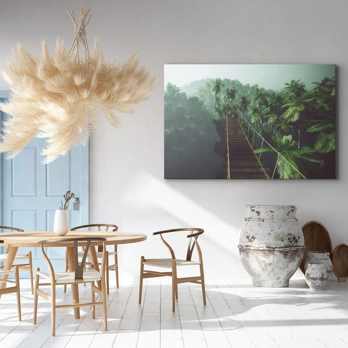 Bild auf Leinwand - Leinwandbild - Eine Hängebrücke in einem tropischen Wald, umgeben von Nebel. - 100x70cm - Über der Brandung des Grüns - Moderne Wanddekoration für Wohnzimmer und Schlafzimmer ARTTOR