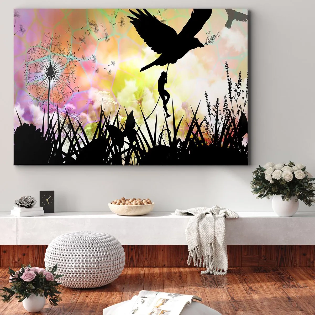 Bild auf Leinwand - Leinwandbild - Natursilhouette mit einem Vogel und einem Löwenzahn - 70x50cm - In märchenhafter Atmosphäre - Moderne Wanddekoration für Wohnzimmer und Schlafzimmer ARTTOR