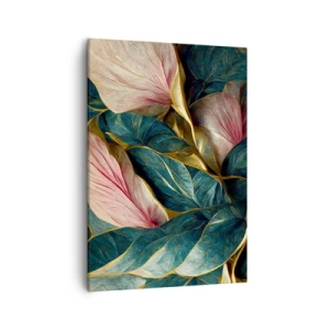 Bild auf Leinwand - Leinwandbild - Elegante Blätter in Grün, Gold und Pink - 50x70cm - Natürliche Eleganz und Stil - Moderne Wanddekoration für Wohnzimmer und Schlafzimmer ARTTOR