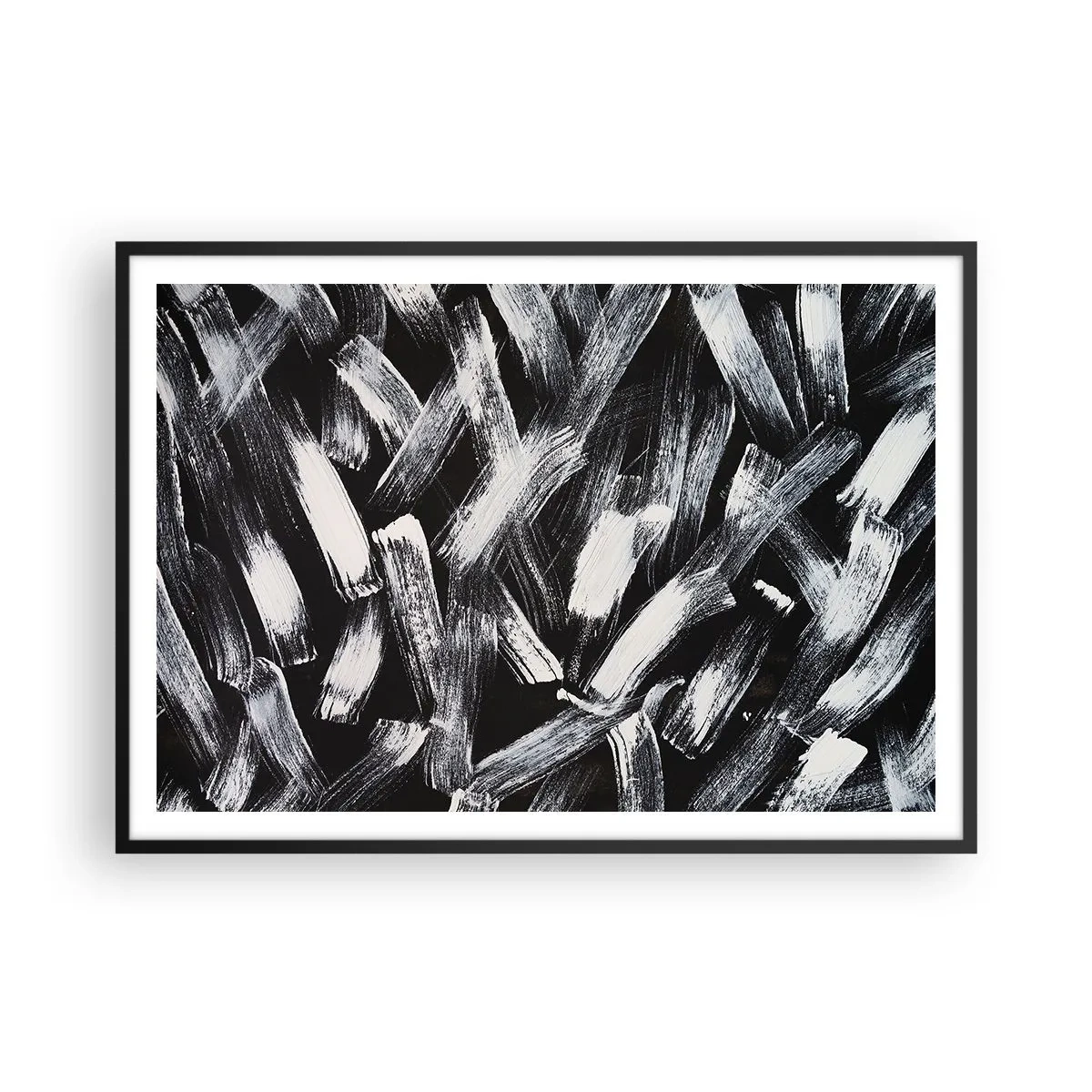Poster in einem schwarzem Rahmen - Dynamische Abstraktion mit weißen Pinselstrichen auf schwarzem Hintergrund. - 100x70cm - Abstraktion im industriellen Geist - Moderne Wanddekoration für Wohnzimmer und Schlafzimmer ARTTOR