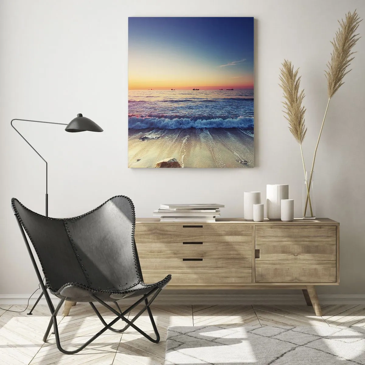 Glasbild - Bild auf glas - Sonnenuntergang über einem ruhigen Meer mit Wellen - 70x100cm - Was ist mit dem Horizont? - Moderne Wanddekoration für Wohnzimmer und Schlafzimmer ARTTOR