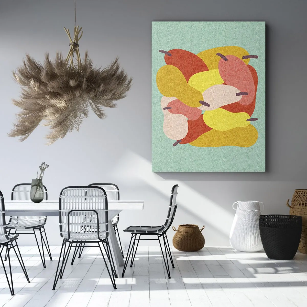 Bild auf Leinwand - Leinwandbild - Bunte abstrakte Birnen auf grünem Hintergrund - 80x120cm - Probieren Sie die Sommersonne - Moderne Wanddekoration für Wohnzimmer und Schlafzimmer ARTTOR