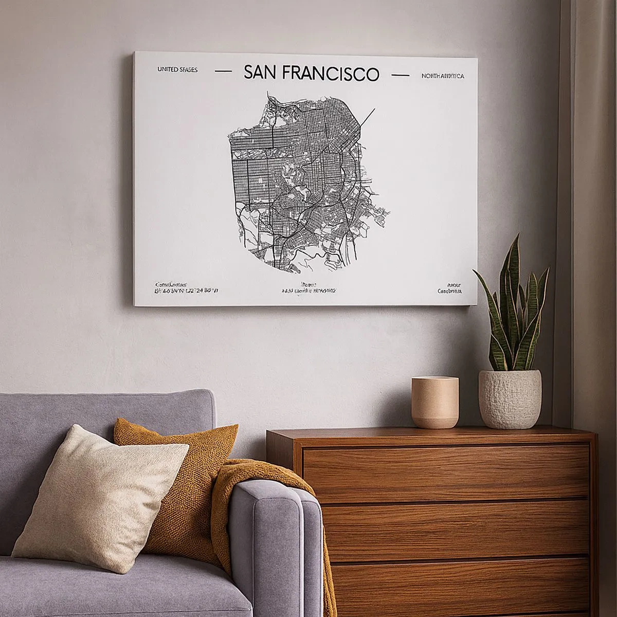 Bild auf Leinwand - Leinwandbild - Eine Karte von San Francisco im minimalistischen Schwarz-Weiß-Stil. - 70x50cm - Anatomie von San Francisco - Moderne Wanddekoration für Wohnzimmer und Schlafzimmer ARTTOR