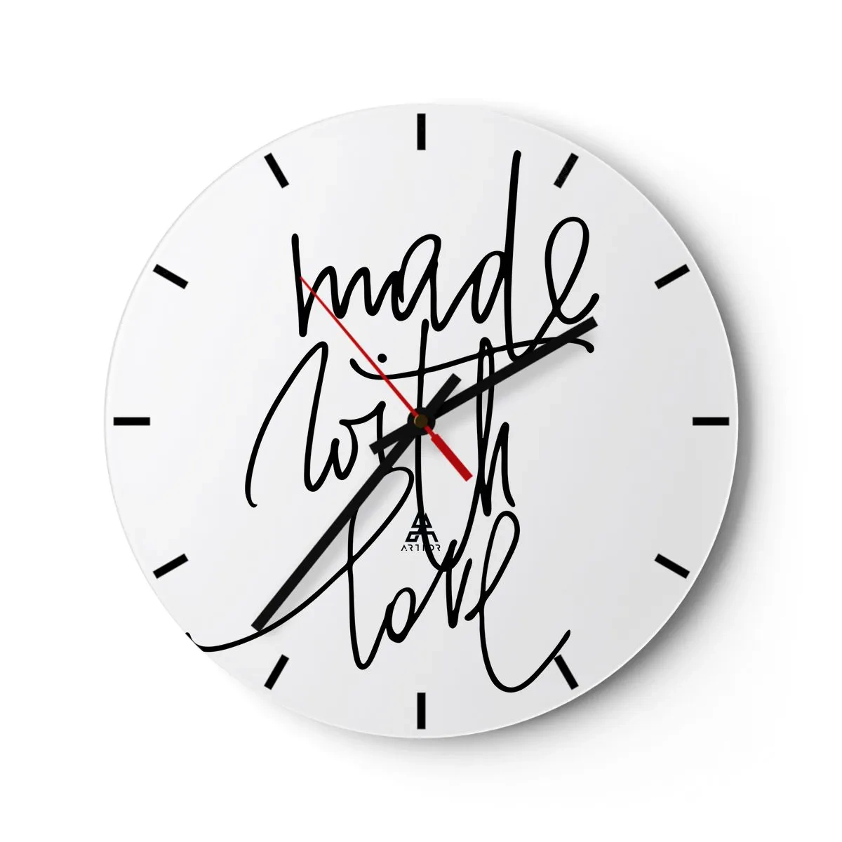 Wanduhr - Glasuhr - Minimalistische Uhr mit der Aufschrift „Made with love“ - 30x30cm - Die beste Marke - Moderne Wanddekoration für Wohnzimmer, Küche und Schlafzimmer ARTTOR