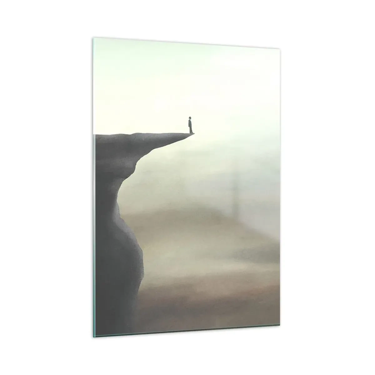 Glasbild - Bild auf glas - Silhouette einer Person, die am Rand einer Klippe über dem Nebel steht - 50x70cm - Nach oben, natürlich! - Moderne Wanddekoration für Wohnzimmer und Schlafzimmer ARTTOR