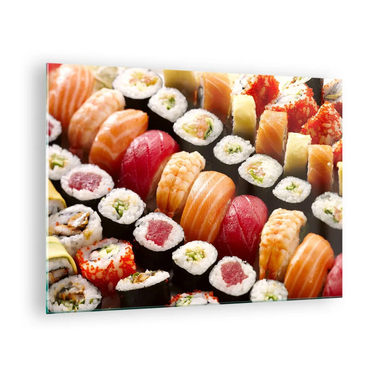 Glasbild - Bild auf glas - Eine bunte Sushi-Komposition mit verschiedenen Zutaten - 70x50cm - Farben und Aromen Asiens - Moderne Wanddekoration für Wohnzimmer und Schlafzimmer ARTTOR