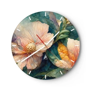 Wanduhr - Glasuhr - Zarte Blüten in Pastellfarben mit grünen Blättern - 30x30cm - Pure Subtilität - Moderne Wanddekoration für Wohnzimmer, Küche und Schlafzimmer ARTTOR