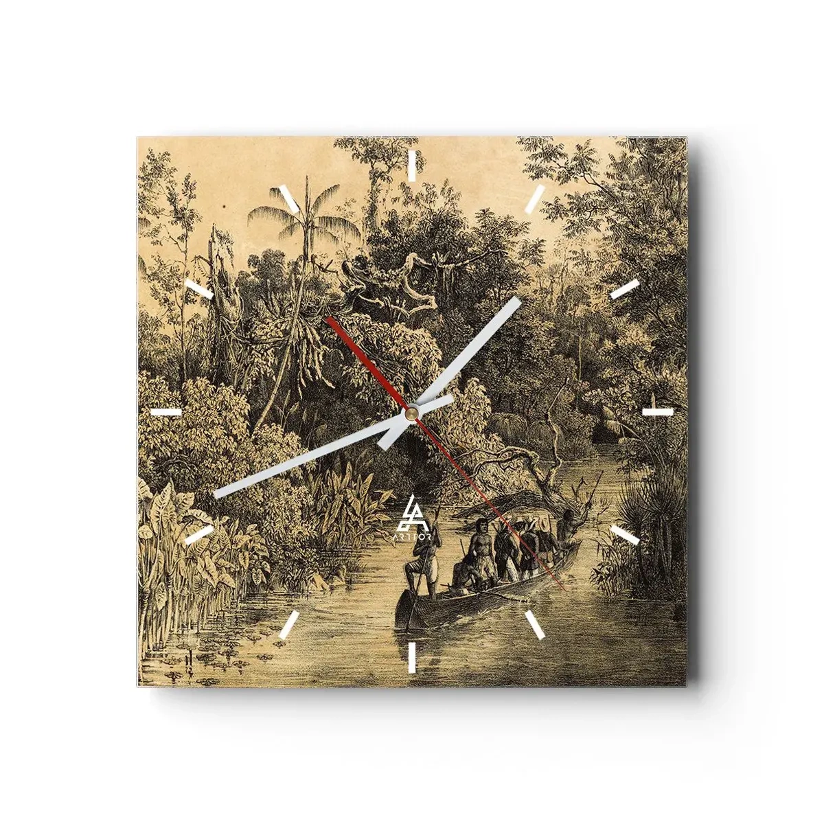 Wanduhr - Glasuhr - Zeichnung eines Dschungels mit einem Boot auf einem Fluss - 30x30cm - Expedition zur Quelle - Moderne Wanddekoration für Wohnzimmer und Schlafzimmer ARTTOR