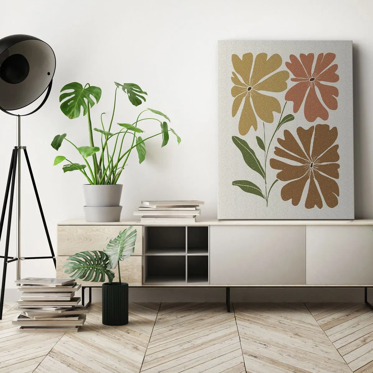 Bild auf Leinwand - Leinwandbild - Drei Blumen in warmen Farben auf hellem Hintergrund - 50x70cm - Natur und Geometrie - Moderne Wanddekoration für Wohnzimmer und Schlafzimmer ARTTOR