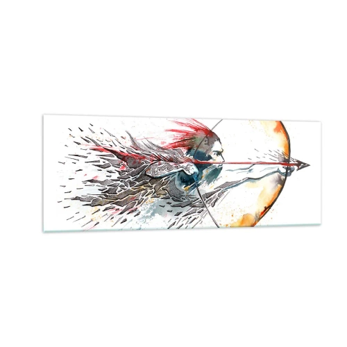 Glasbild - Bild auf glas - Dynamisches Aquarell eines Kriegers mit Pfeil und Bogen - 140x50cm - Mythischer Krieger mit feurigem Bogen - Moderne Wanddekoration für Wohnzimmer und Schlafzimmer ARTTOR