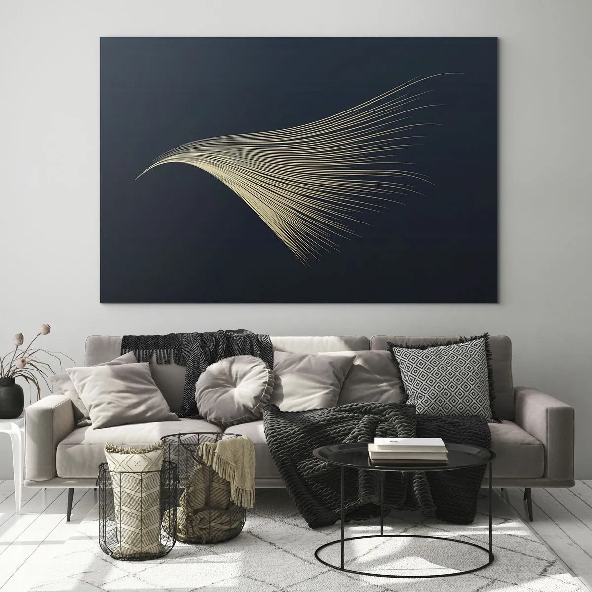 Glasbild - Bild auf glas - Eine goldene Linie, die einem Flügel auf einem marineblauen Hintergrund ähnelt - 70x50cm - Wie das Haar eines Engels - Moderne Wanddekoration für Wohnzimmer und Schlafzimmer ARTTOR