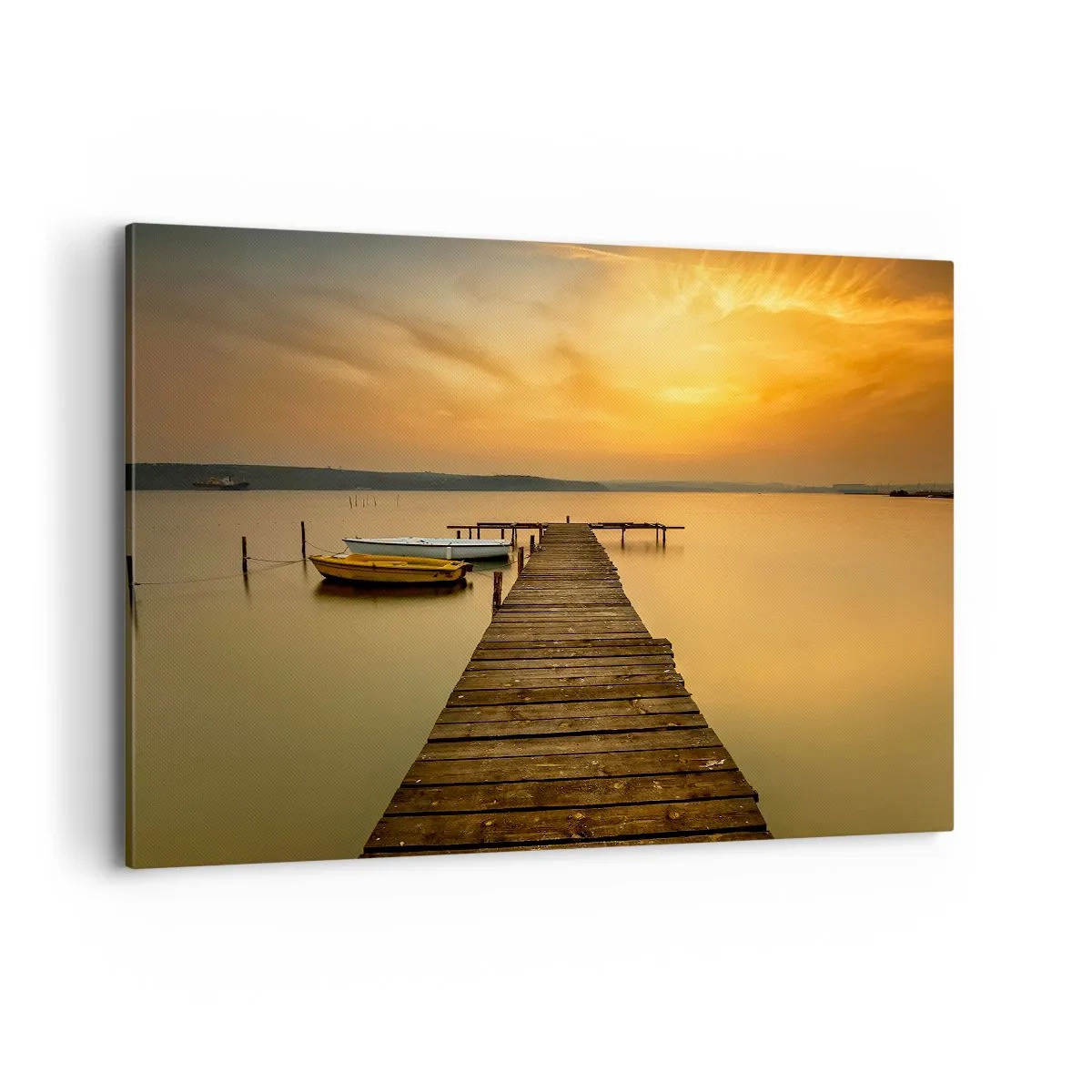 Bild auf Leinwand - Leinwandbild - Holzsteg und Boote auf dem See bei Sonnenuntergang - 120x80cm - Ich werde dir den goldenen Himmel öffnen - Moderne Wanddekoration für Wohnzimmer und Schlafzimmer ARTTOR