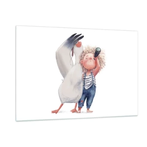 Glasbild - Bild auf glas - Baby mit Fernglas und Storch im lustigen Illustrationsstil - 120x80cm - Toller Reiseplan - Moderne Wanddekoration für Wohnzimmer und Schlafzimmer ARTTOR