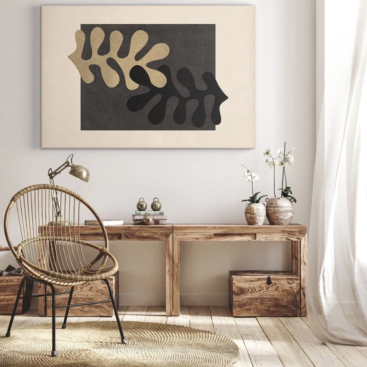 Bild auf Leinwand - Leinwandbild - Abstrakte Blätter in Schwarz und Beige auf rechteckigem Hintergrund - 70x50cm - Abwesenheit und Ergänzung - Moderne Wanddekoration für Wohnzimmer und Schlafzimmer ARTTOR