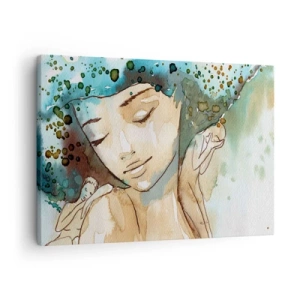 Bild auf Leinwand - Leinwandbild - Porträt einer Frau in zarten Aquarellfarben - 70x50cm - Dame in Blau - Moderne Wanddekoration für Wohnzimmer und Schlafzimmer ARTTOR