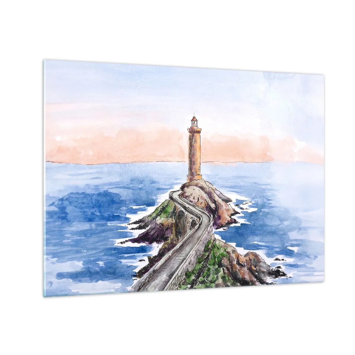 Glasbild - Bild auf glas - Ein Leuchtturm auf einem felsigen Vorgebirge, umgeben von einem ruhigen Meer - 70x50cm - Dem Meer zugewandt - Moderne Wanddekoration für Wohnzimmer und Schlafzimmer ARTTOR