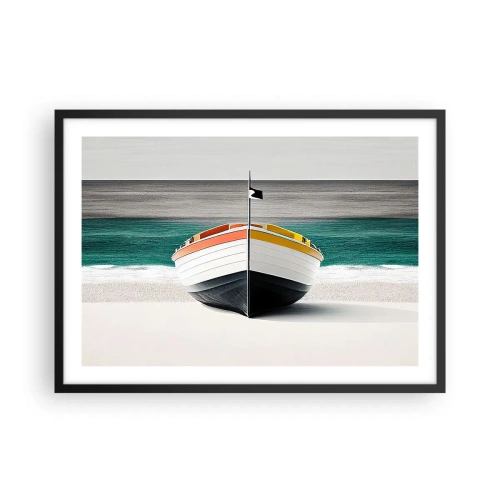 Poster in einem schwarzem Rahmen - Ein Boot am Strand mit türkisfarbenem Meer im Hintergrund - 70x50cm - An seinem Platz - Moderne Wanddekoration für Wohnzimmer und Schlafzimmer ARTTOR