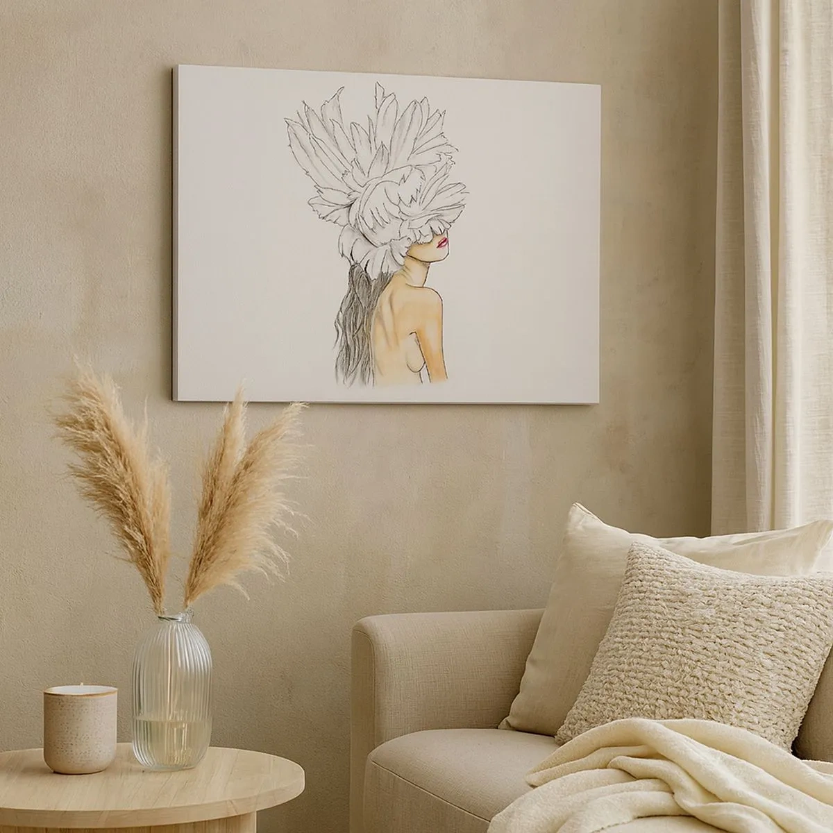 Bild auf Leinwand - Leinwandbild - Portrait einer Frau mit Federschmuck im künstlerischen Stil - 70x50cm - Gekrönte Schönheit - Moderne Wanddekoration für Wohnzimmer und Schlafzimmer ARTTOR